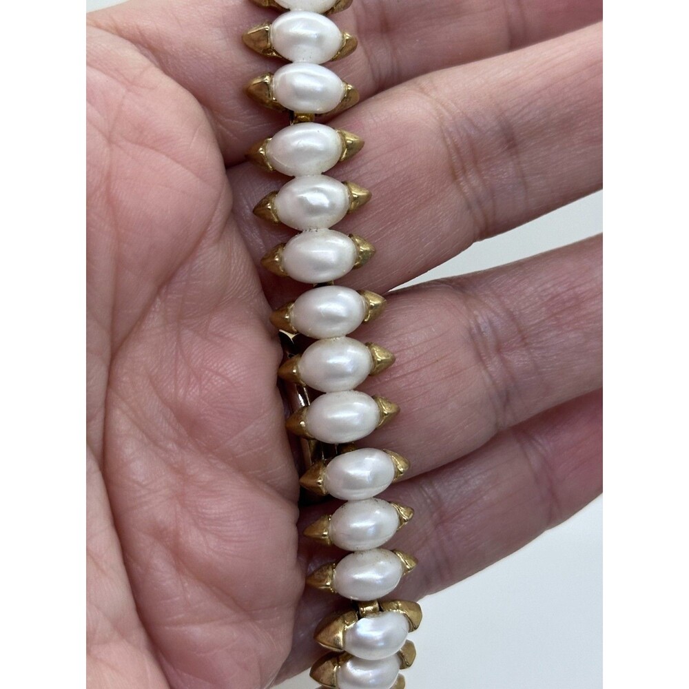 Vintage Crown Trifari Bracelet Faux Pearl Cabochon Gold Tone